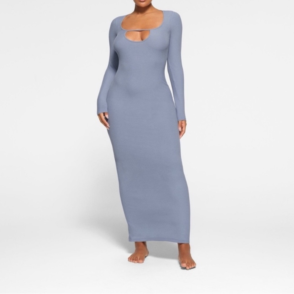NWT Skims Soft Lounge Long Sleeve Keyhole Dress in Slate